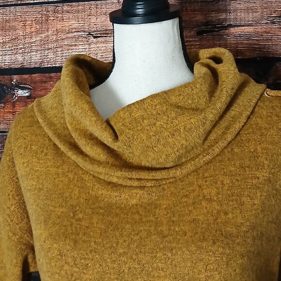 Ember Sweater S Cowl Turtleneck Mustard Gold Laced Shoulder Half Sleeve Soft - Picture 3 of 10